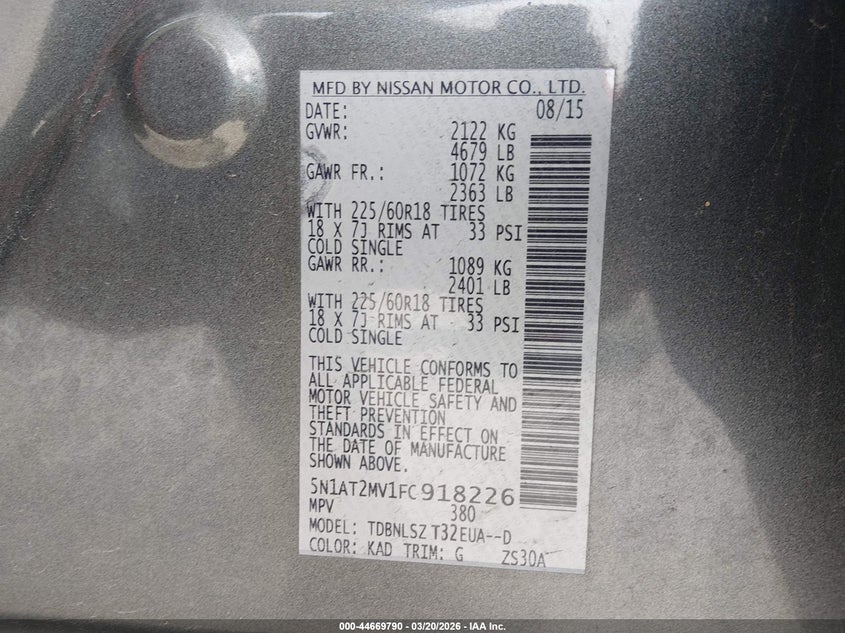 2015 Nissan Rogue VIN 5N1AT2MV1FC918226 IAAI salvage auction — ROOF, Salvage (Indiana), sold $1,575 on 2026-08-03 (photo 9)
