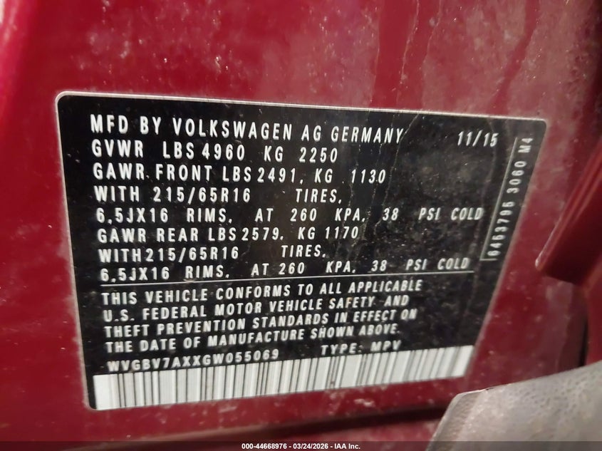 2016 Volkswagen Tiguan VIN WVGBV7AXXGW055069 IAAI salvage auction — RIGHT FRONT, Junk Bill Of Sale Mv2459 (Wisconsin), sold $1,025 on 2026-08-04 (photo 9)