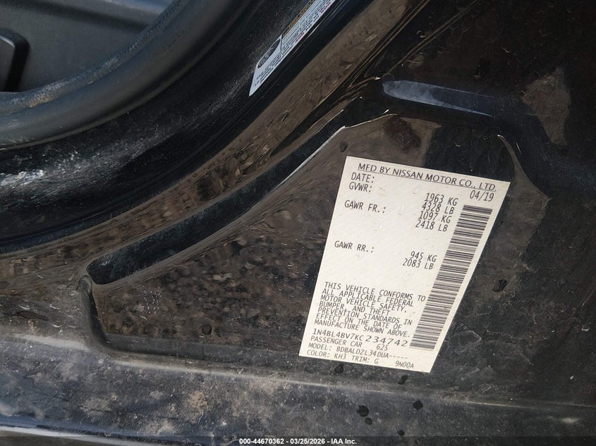 2019 Nissan Altima VIN 1N4BL4BV7KC234742 IAAI salvage auction — FRONT & REAR, Salvage (Montana), sold $1,850 on 2026-08-01 (photo 9)