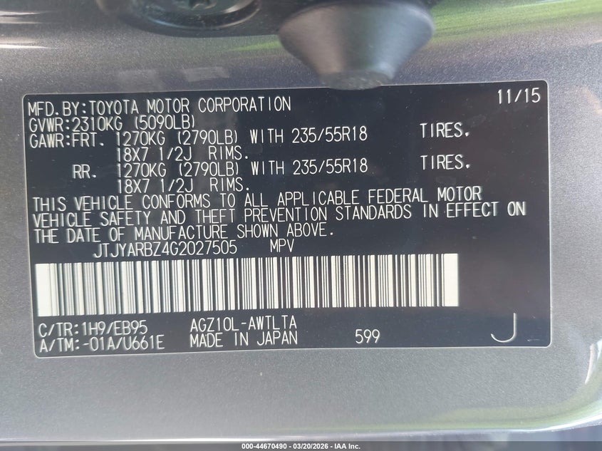 2016 Lexus Nx 200t VIN JTJYARBZ4G2027505 IAAI salvage auction — ROLLOVER, Salvage (Texas), sold $2,950 on 2026-07-28 (photo 9)