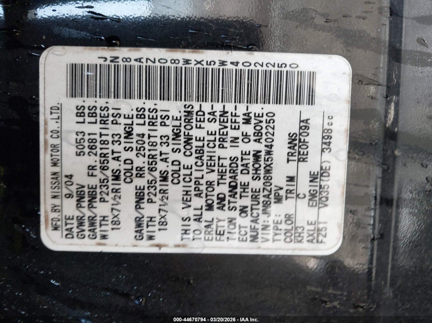 2005 Nissan Murano VIN JN8AZ08WX5W402250 IAAI salvage auction — RIGHT FRONT, Salvage (Delaware), sold $275 on 2026-07-20 (photo 9)