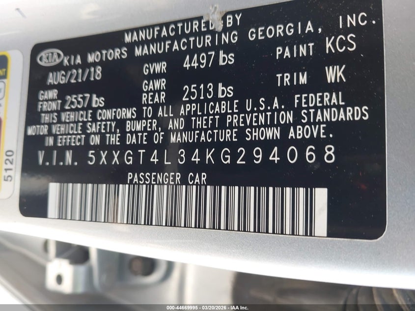 2019 Kia Optima VIN 5XXGT4L34KG294068 IAAI salvage auction — RIGHT FRONT, Original (Texas), sold $1,375 on 2026-07-16 (photo 9)