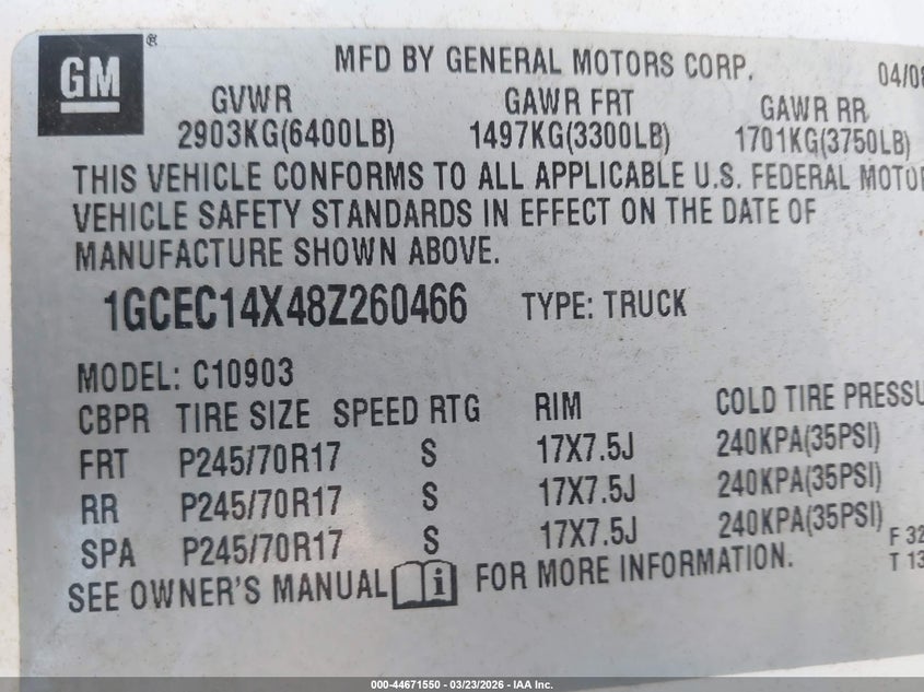 2008 Chevrolet Silverado VIN 1GCEC14X48Z260466 IAAI salvage auction — NORMAL WEAR, Clear (California), sold $2,000 on 2026-07-19 (photo 9)
