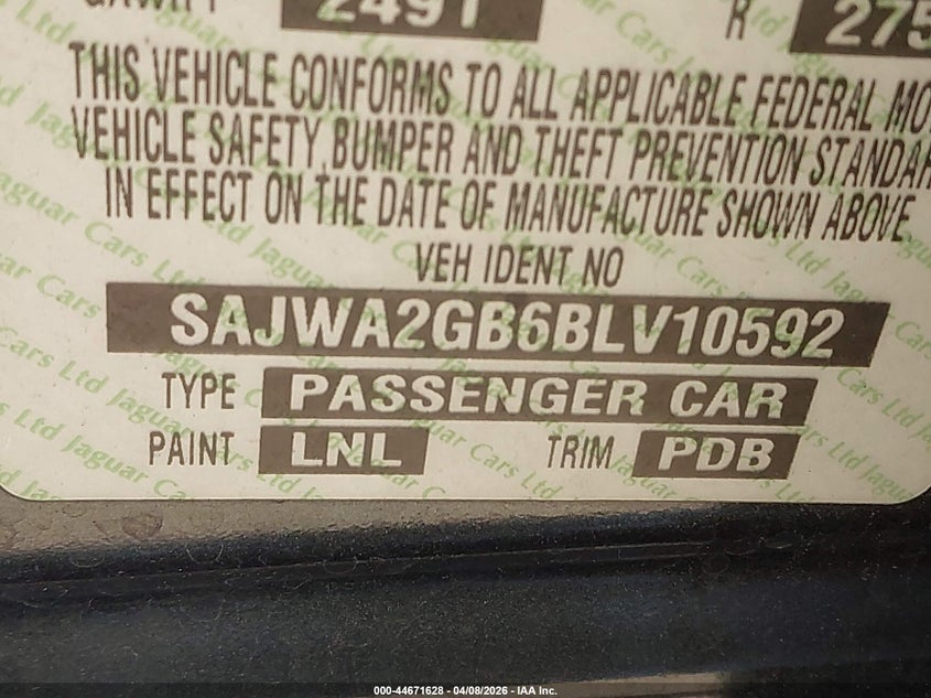 2011 Jaguar Xj series VIN SAJWA2GB6BLV10592 IAAI salvage auction — EXTERIOR BURN, Salvage - Greater Than 75% (Maryland), sold $350 on 2026-07-06 (photo 9)