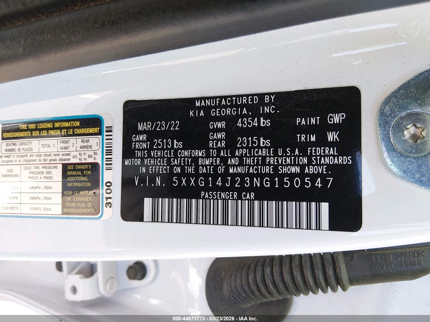 2022 Kia K5 VIN 5XXG14J23NG150547 IAAI salvage auction — REAR END, Wait Title, sold $5,900 on 2026-07-24 (photo 9)