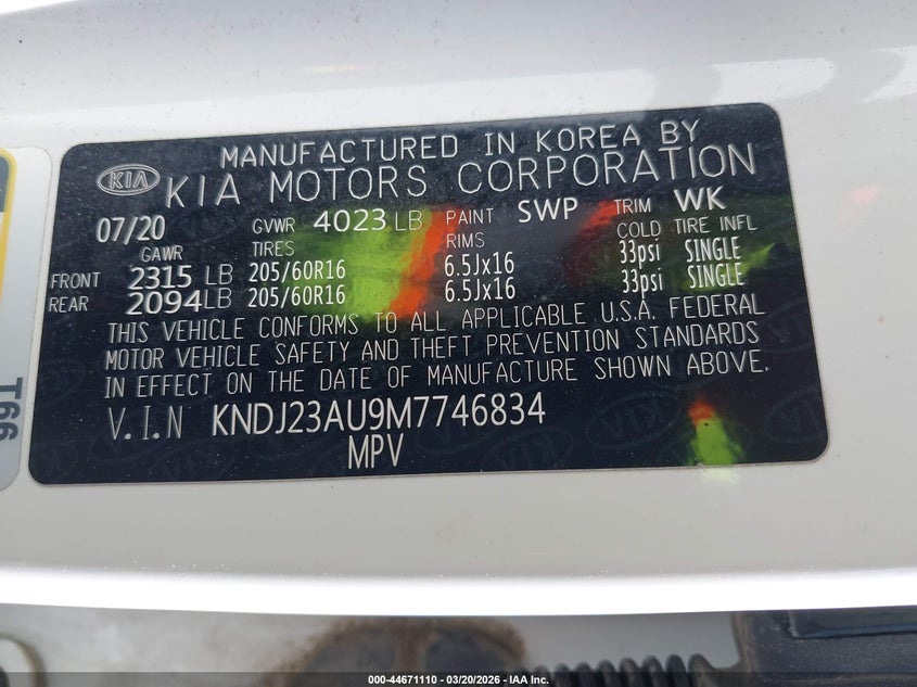 2021 Kia Soul VIN KNDJ23AU9M7746834 IAAI salvage auction — RIGHT FRONT, Salvage Title, sold $2,300 on 2026-07-24 (photo 9)