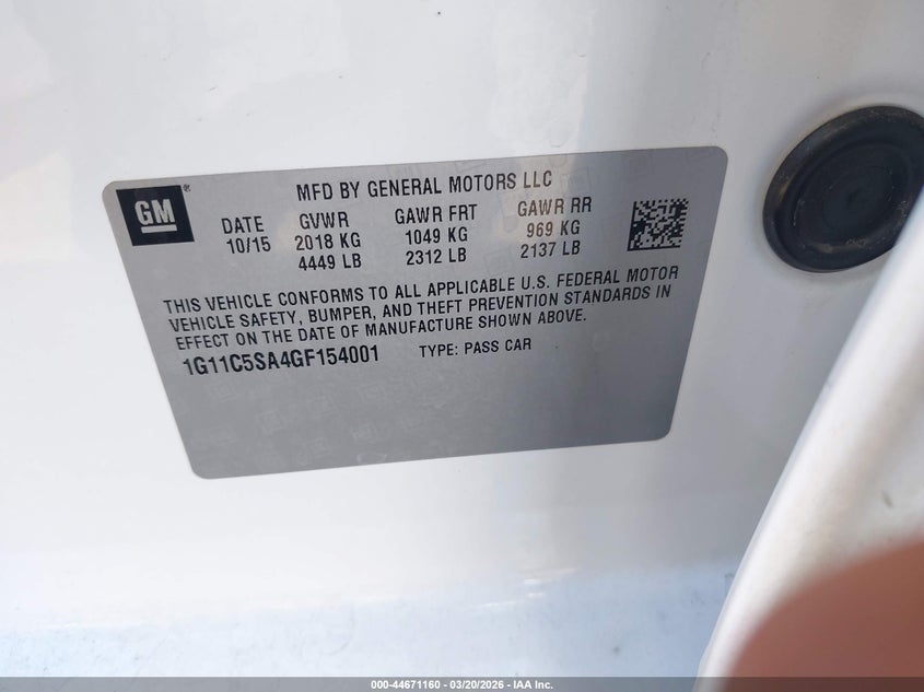 2016 Chevrolet Malibu VIN 1G11C5SA4GF154001 IAAI salvage auction — LEFT & RIGHT, Salvage Title, sold $825 on 2026-07-10 (photo 9)