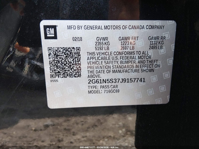 2018 Cadillac Xts VIN 2G61N5S37J9157741 IAAI salvage auction — LEFT FRONT, Wait Title, sold $1,700 on 2026-09-11 (photo 9)