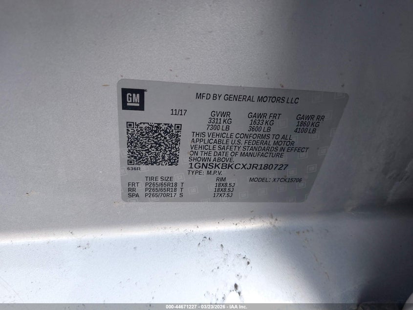 2018 Chevrolet Tahoe VIN 1GNSKBKCXJR180727 IAAI salvage auction — RIGHT SIDE, Salvage Title, sold $5,050 on 2026-08-03 (photo 9)