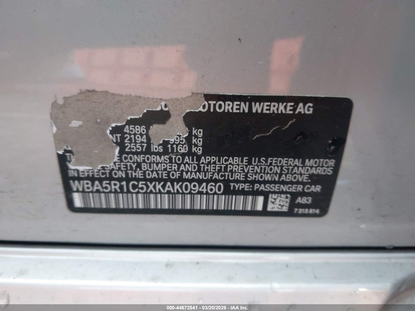 2019 BMW 3er VIN WBA5R1C5XKAK09460 IAAI salvage auction — FRONT END, Salvage (Oregon), sold $3,550 on 2026-08-08 (photo 9)