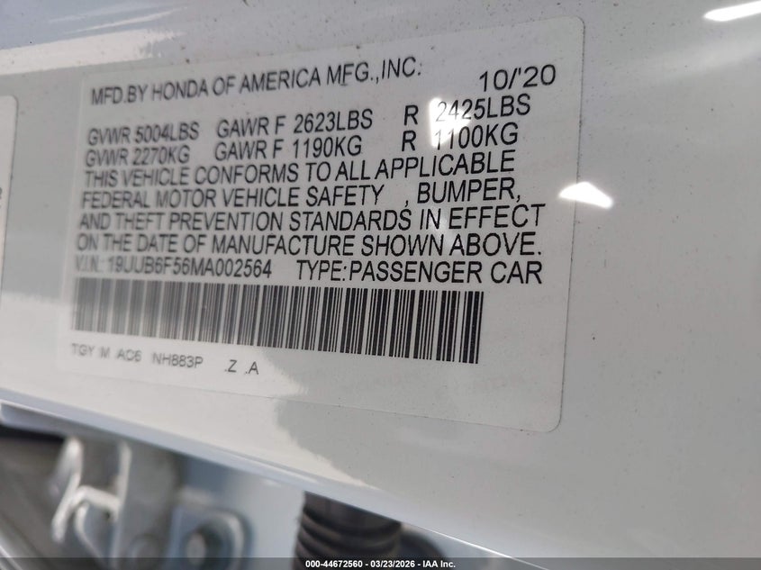 2021 Acura Tlx VIN 19UUB6F56MA002564 IAAI salvage auction — THEFT, Salvage (South Carolina), sold $12,100 on 2026-07-16 (photo 9)