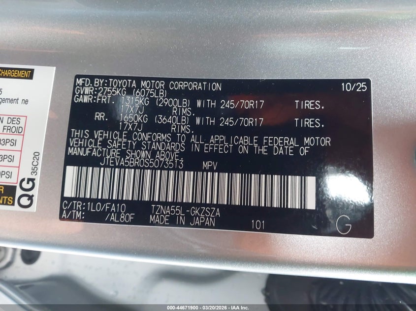 2025 Toyota 4runner VIN JTEVA5BR0S5073513 IAAI salvage auction — LEFT FRONT, Salvage Title, sold $30,050 on 2026-09-17 (photo 9)