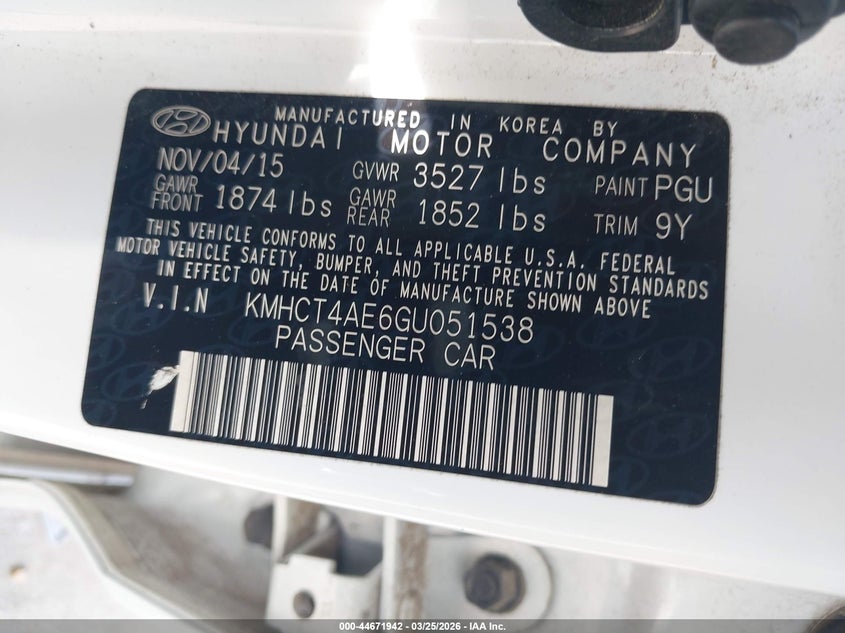 2016 Hyundai Accent VIN KMHCT4AE6GU051538 IAAI salvage auction — FRONT & REAR, Salvage (Texas), sold $1,175 on 2026-07-31 (photo 9)