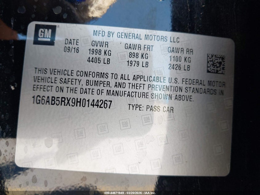2017 Cadillac Ats VIN 1G6AB5RX9H0144267 IAAI salvage auction — LEFT FRONT, Original (Texas), sold $3,050 on 2026-07-09 (photo 9)