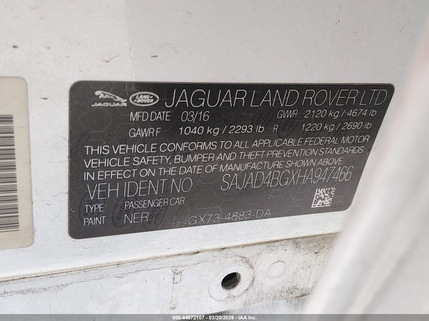 2017 Jaguar Xe VIN SAJAD4BGXHA947466 IAAI salvage auction — LEFT REAR, Salvage (Alabama), sold $1,025 on 2026-07-09 (photo 9)