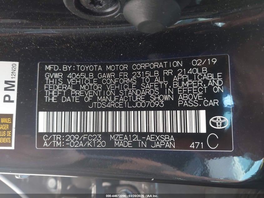 2020 Toyota Corolla VIN JTDS4RCE1LJ007093 IAAI salvage auction — FRONT END, Certificate Of Destruction (Florida), sold $2,450 on 2026-07-16 (photo 9)
