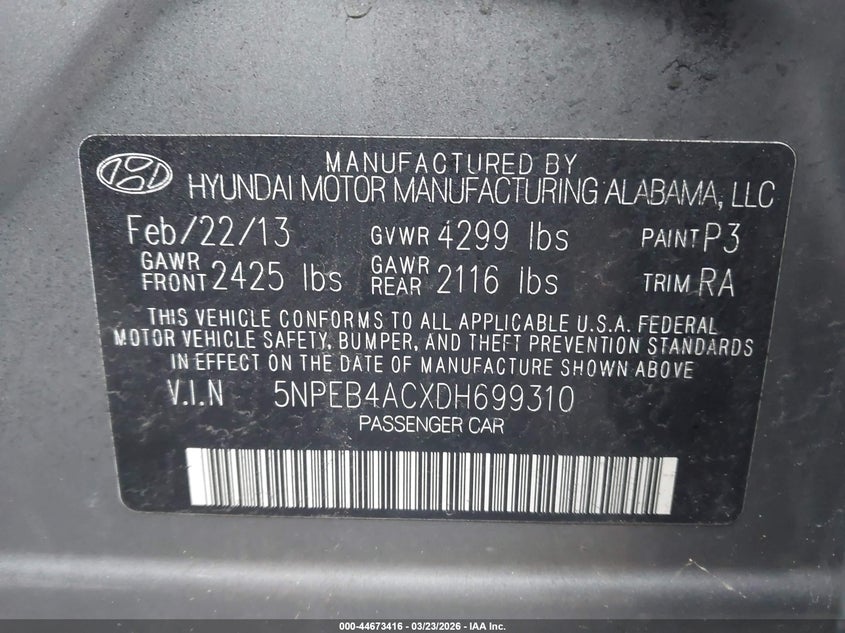 2013 Hyundai Sonata VIN 5NPEB4ACXDH699310 IAAI salvage auction — SIDE, Salvage (Pennsylvania), sold $1,200 on 2026-07-17 (photo 9)
