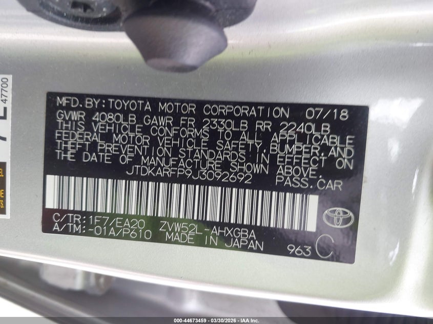 2018 Toyota VIN JTDKARFP9J3092692 IAAI salvage auction — UNKNOWN, Salvage (Massachusetts), sold $8,650 on 2026-07-14 (photo 9)