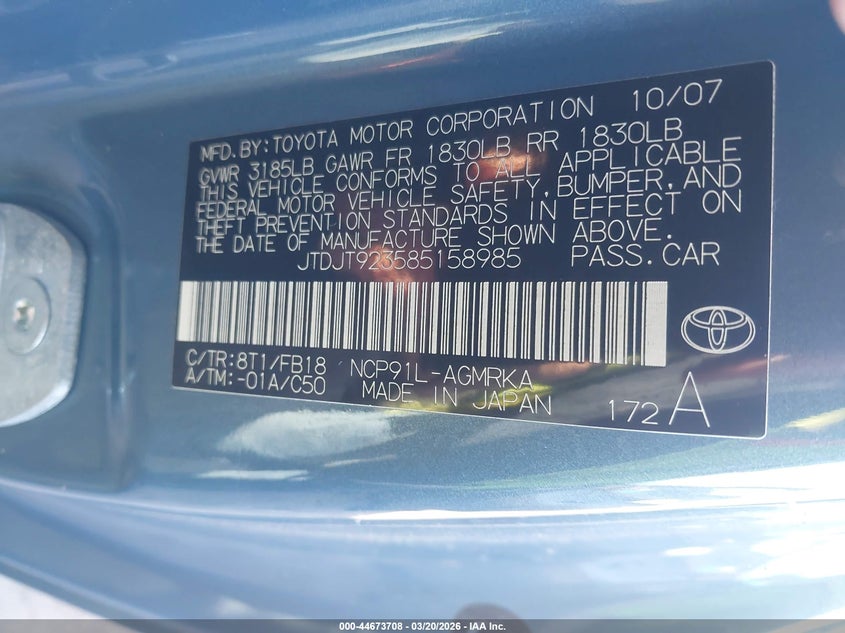 2008 Toyota Yaris VIN JTDJT923585158985 IAAI salvage auction — FRONT END, Salvage (Texas), sold $675 on 2026-07-10 (photo 9)