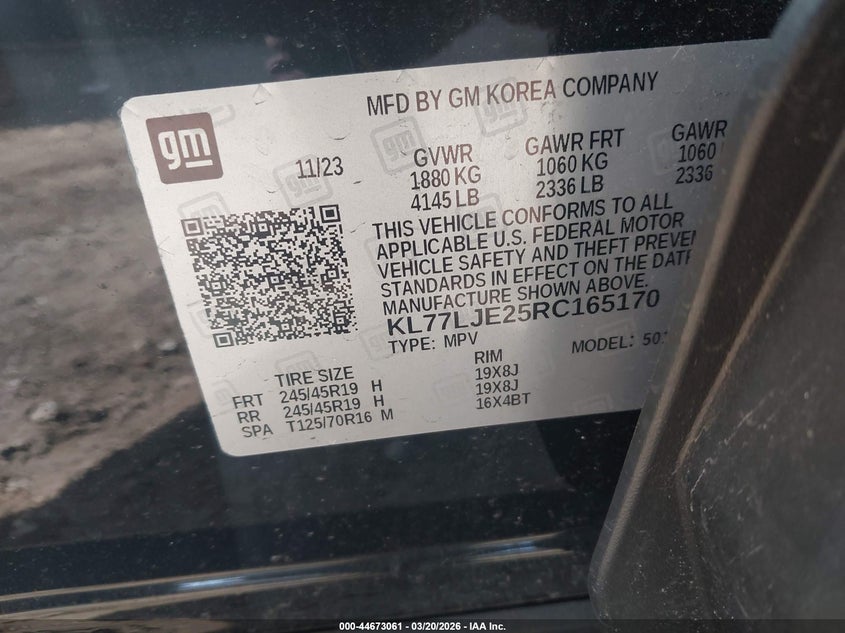 2024 Chevrolet Trax VIN KL77LJE25RC165170 IAAI salvage auction — FRONT END, Salvage Title, sold $3,100 on 2026-07-14 (photo 9)