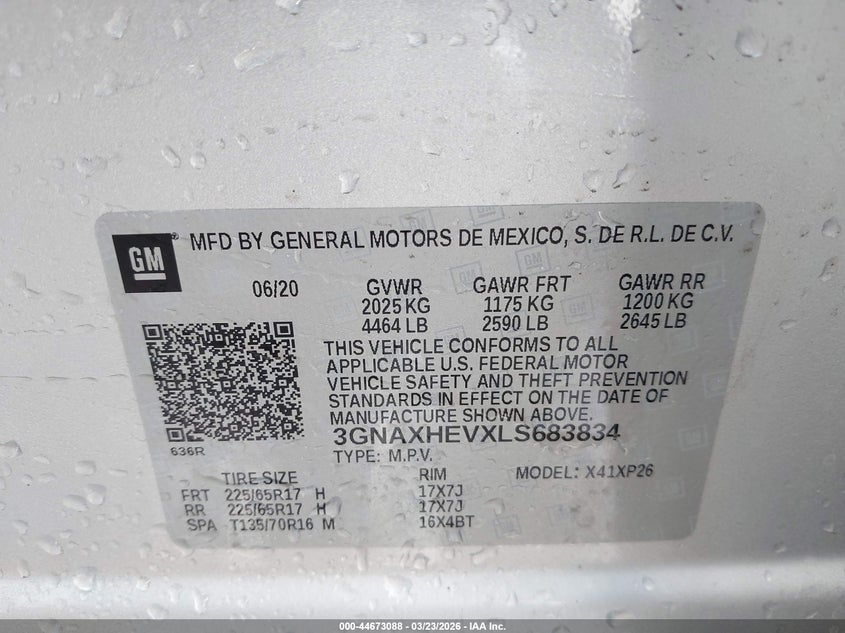 2020 Chevrolet Equinox VIN 3GNAXHEVXLS683834 IAAI salvage auction — Front End, Salvage, sold $4,575 on 2026-09-24 (photo 9)