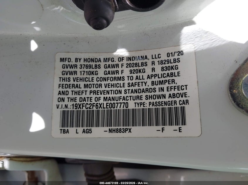 2020 Honda Civic VIN 19XFC2F6XLE007770 IAAI salvage auction — FRESH WATER, Salvage (Hawaii), sold $1,325 on 2026-07-21 (photo 9)