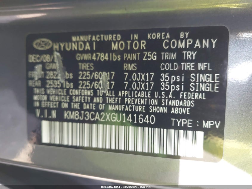 2016 Hyundai Tucson VIN KM8J3CA2XGU141640 IAAI salvage auction — NORMAL WEAR, Salvage (Texas), sold $1,700 on 2026-07-31 (photo 9)