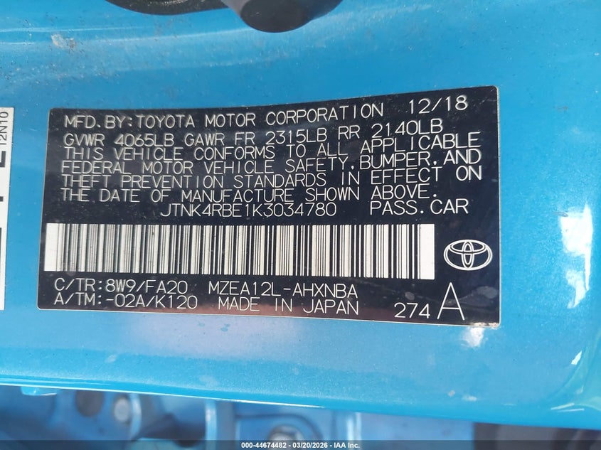2019 Toyota Corolla VIN JTNK4RBE1K3034780 IAAI salvage auction — FRONT END, Salvage (California), sold $2,150 on 2026-07-22 (photo 9)