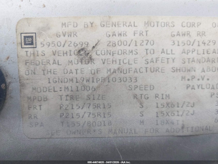 1993 Chevrolet Astro VIN 1GNDM19W1PB103033 IAAI salvage auction — FRONT END, Salvage (California), sold $225 on 2026-07-08 (photo 9)