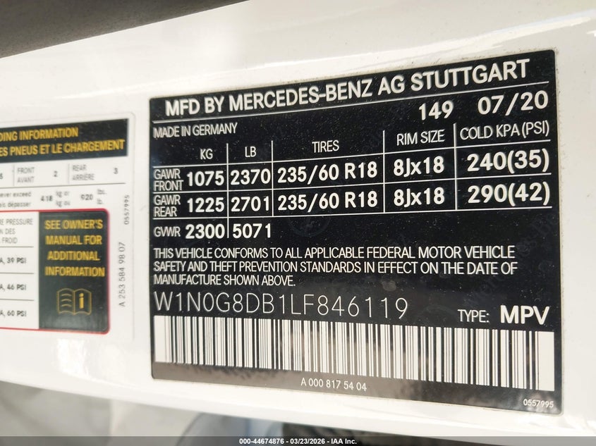 2020 Mercedes-benz Glc VIN W1N0G8DB1LF846119 IAAI salvage auction — FRONT END, Salvage Title, sold $5,600 on 2026-07-17 (photo 9)