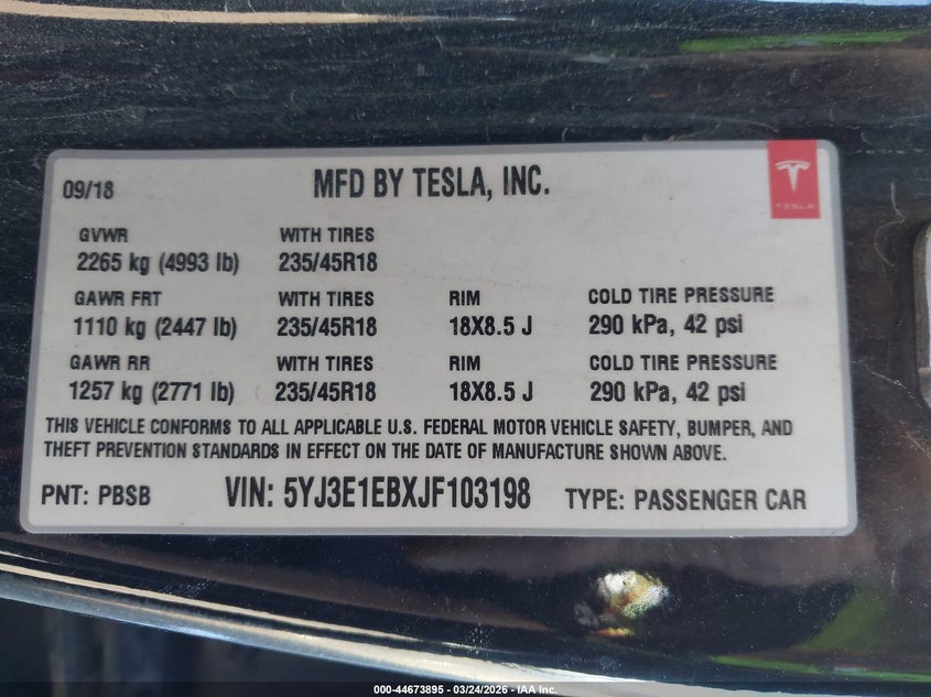 2018 Tesla Model 3 VIN 5YJ3E1EBXJF103198 IAAI salvage auction — LEFT SIDE, Regular (Nevada), sold $5,400 on 2026-07-09 (photo 9)
