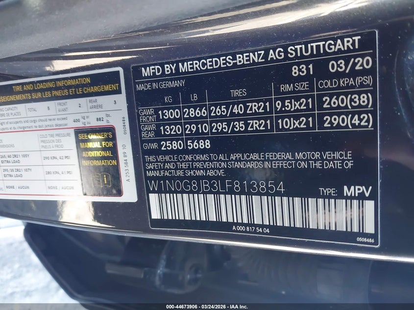2020 Mercedes-benz VIN W1N0G8JB3LF813854 IAAI salvage auction — FRONT END, Salvage (Idaho), sold $11,500 on 2026-07-28 (photo 9)