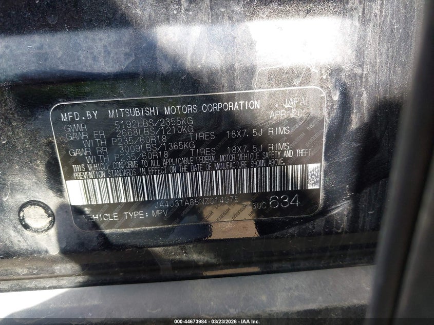 2022 Mitsubishi Outlander VIN JA4J3TA85NZ014975 IAAI salvage auction — RIGHT SIDE, Salvage (West Virginia), sold $4,150 on 2026-07-28 (photo 9)