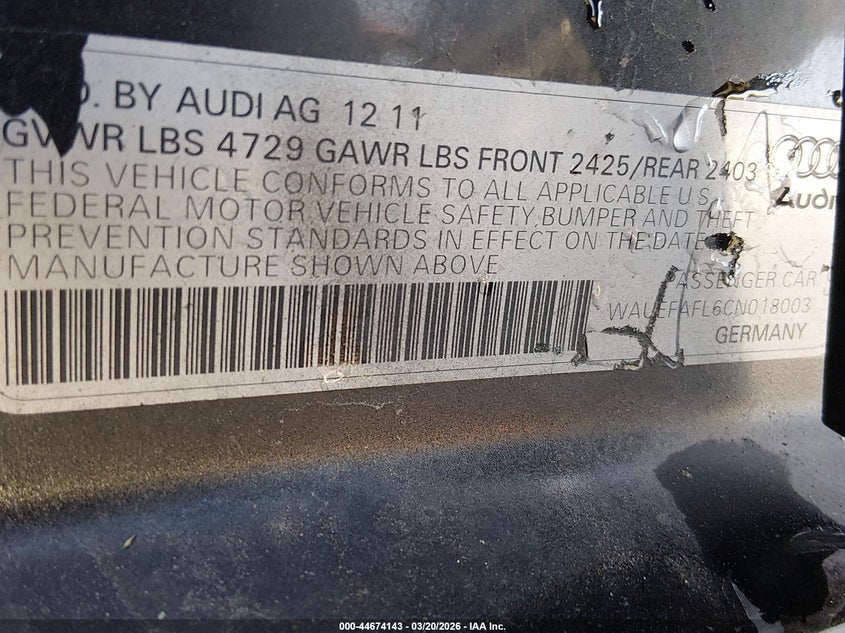 2012 Audi A4 VIN WAUEFAFL6CN018003 IAAI salvage auction — REAR END, Salvage Title, sold $450 on 2026-07-20 (photo 9)