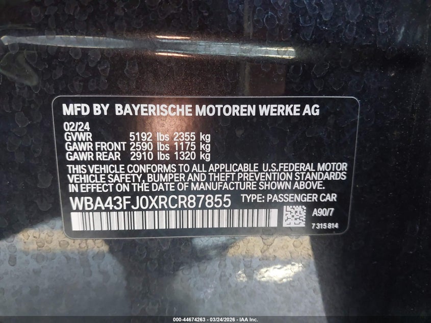 2024 BMW 5er VIN WBA43FJ0XRCR87855 IAAI salvage auction — RIGHT SIDE, Wait Title, sold $27,050 on 2026-08-10 (photo 9)