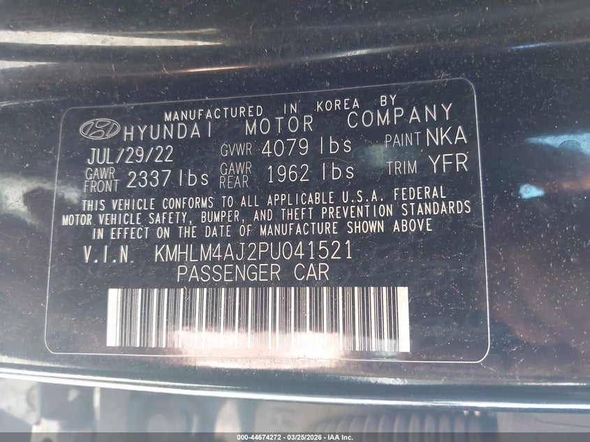2023 Hyundai Elantra VIN KMHLM4AJ2PU041521 IAAI salvage auction — FRONT END, Salvage (New Mexico), sold $525 on 2026-07-28 (photo 9)