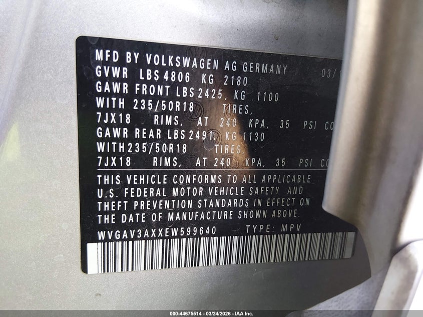2014 Volkswagen Tiguan VIN WVGAV3AXXEW599640 IAAI salvage auction — LEFT FRONT, Wait Title, sold $1,150 on 2026-08-14 (photo 9)