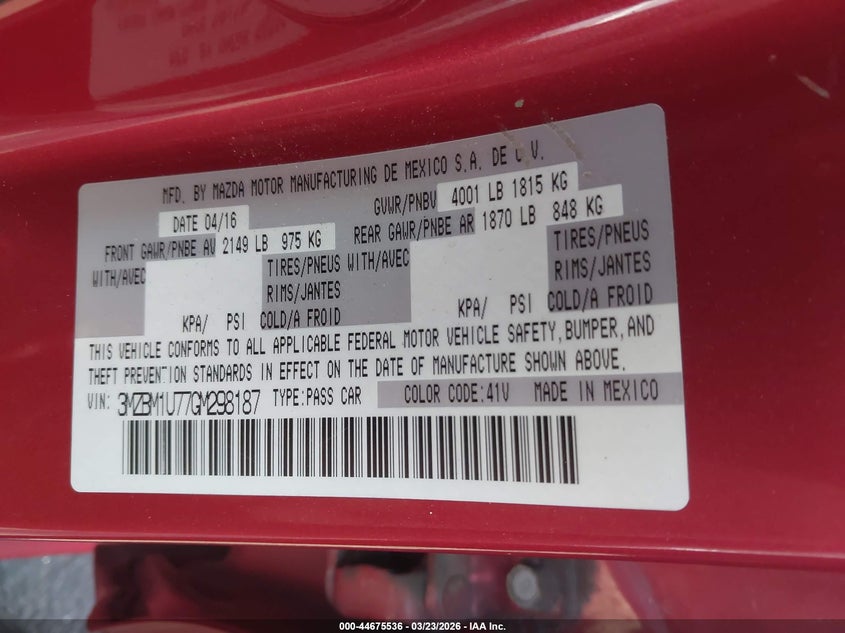 2016 Mazda 3 VIN 3MZBM1U77GM298187 IAAI salvage auction — FRONT END, Salvage Title, sold $525 on 2026-07-10 (photo 9)