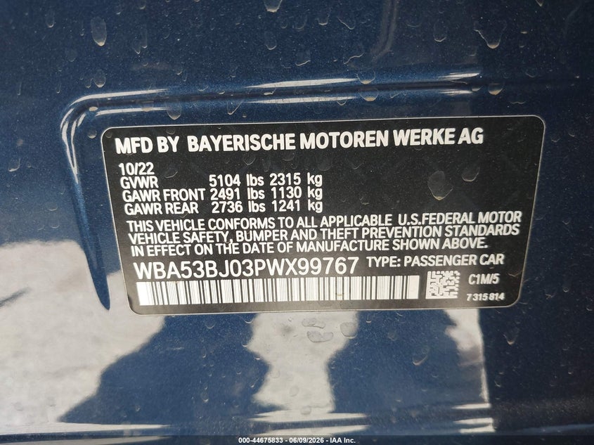 2023 BMW 5er VIN WBA53BJ03PWX99767 IAAI salvage auction — REAR END, Wait Title, sold $22,600 on 2026-08-12 (photo 9)