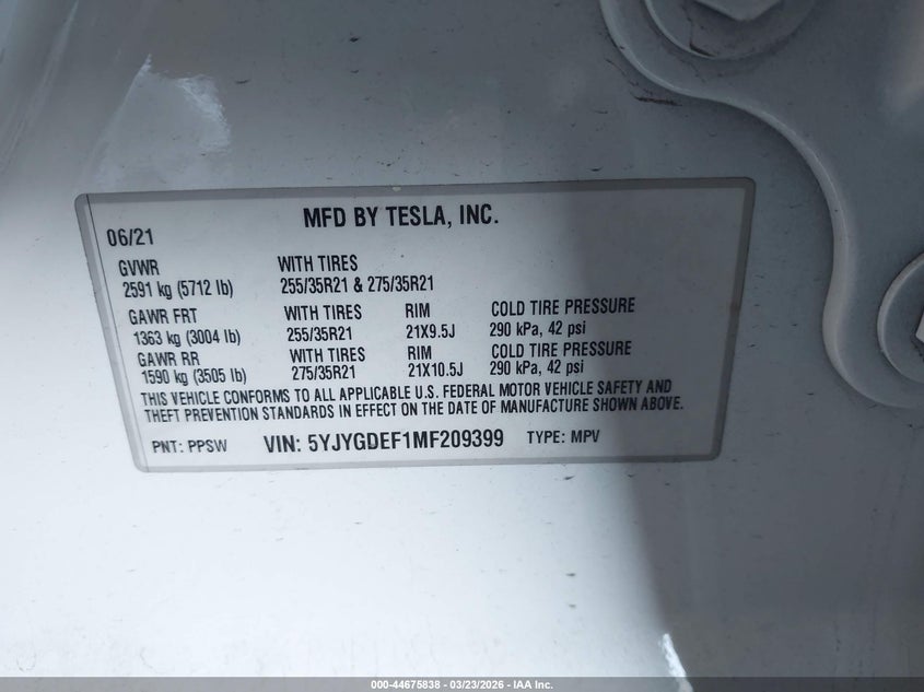 2021 Tesla Model y VIN 5YJYGDEF1MF209399 IAAI salvage auction — UNKNOWN, Salvage Title, sold $18,200 on 2026-07-21 (photo 9)