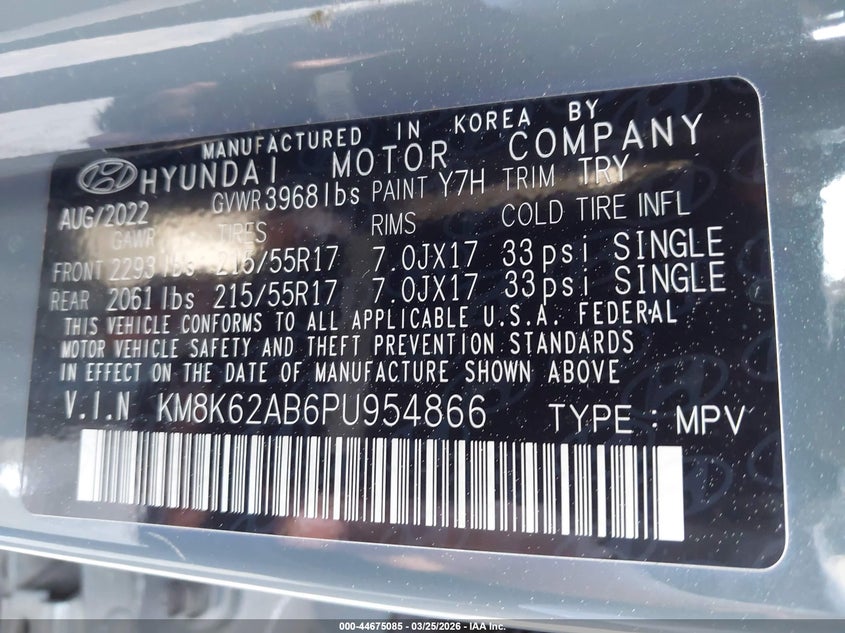 2023 Hyundai Kona VIN KM8K62AB6PU954866 IAAI salvage auction — SIDE, Wait Title, sold $6,200 on 2026-07-10 (photo 9)