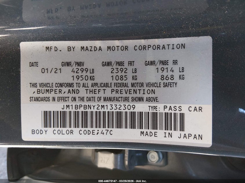 2021 Mazda 3 VIN JM1BPBNY2M1332309 IAAI salvage auction — REAR END, Salvage (Colorado), sold $5,550 on 2026-07-21 (photo 9)