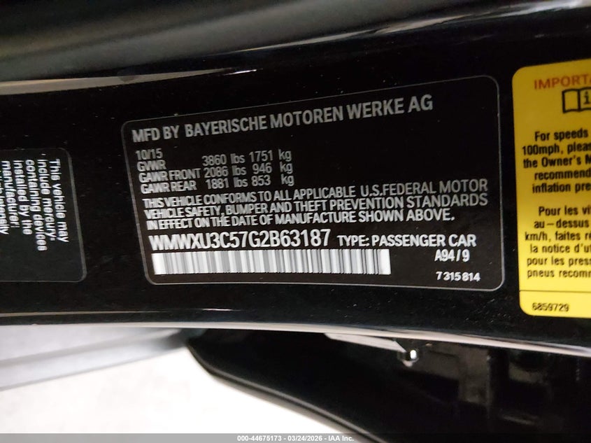 2016 Mini Hard top VIN WMWXU3C57G2B63187 IAAI salvage auction — FRONT END, Salvage Title, sold $1,600 on 2026-07-07 (photo 9)