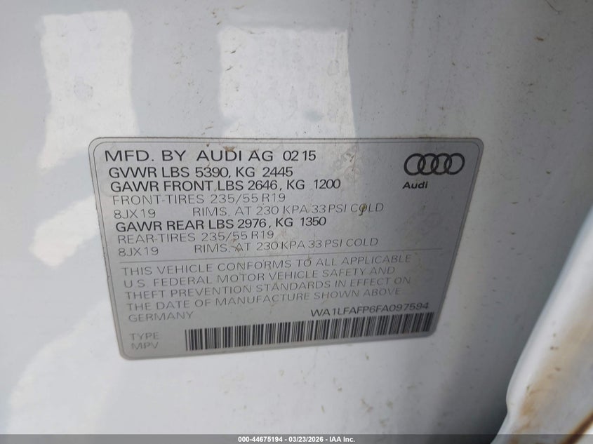 2015 Audi Q5 VIN WA1LFAFP6FA097594 IAAI salvage auction — LEFT FRONT, Salvage Title, sold $2,400 on 2026-07-07 (photo 9)