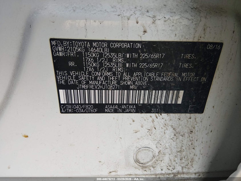2017 Toyota Rav 4 VIN JTMBFREV2HJ108271 IAAI salvage auction — RIGHT REAR, Salvage (Minnesota), sold $3,850 on 2026-07-27 (photo 9)