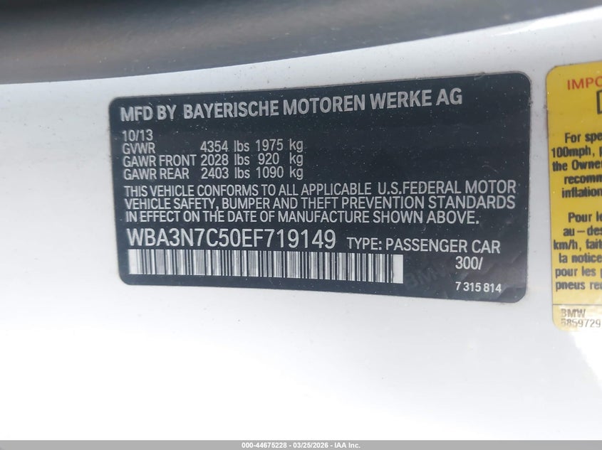 2014 BMW 4er VIN WBA3N7C50EF719149 IAAI salvage auction — RIGHT FRONT, Salvage (California), sold $1,800 on 2026-07-21 (photo 9)