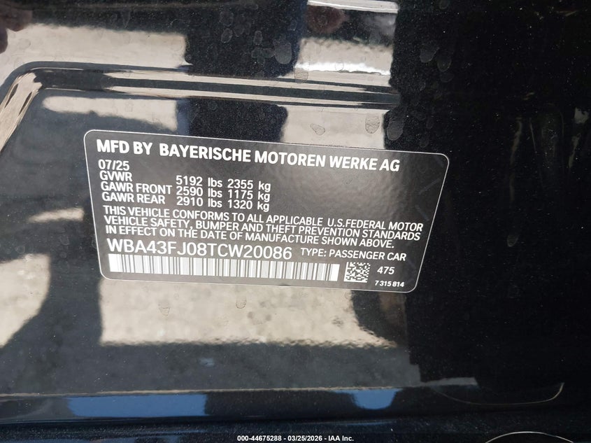 2026 BMW 5er VIN WBA43FJ08TCW20086 IAAI salvage auction — FRONT END, Salvage (California), sold $16,500 on 2026-07-29 (photo 9)