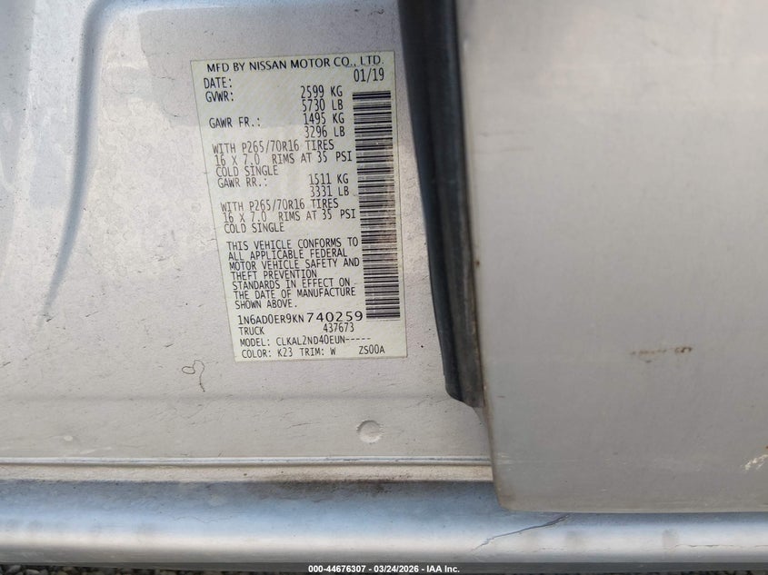 2019 Nissan Navara (frontier) VIN 1N6AD0ER9KN740259 IAAI salvage auction — FRONT END, Original (Texas), sold $3,550 on 2026-07-09 (photo 9)