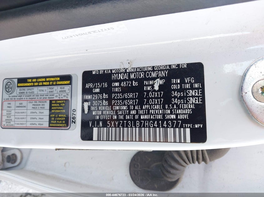 2017 Hyundai Santa fe VIN 5XYZT3LB7HG414377 IAAI salvage auction — FRONT END, Clear (Missouri), sold $1,675 on 2026-07-23 (photo 9)