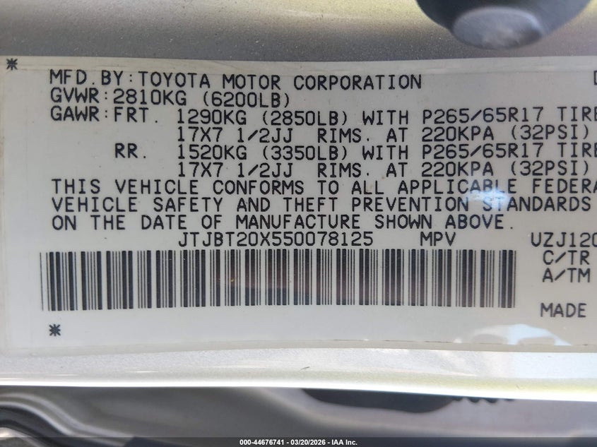 2005 Lexus Gx VIN JTJBT20X550078125 IAAI salvage auction — FRONT END, Clear (Oklahoma), sold $2,550 on 2026-07-26 (photo 9)